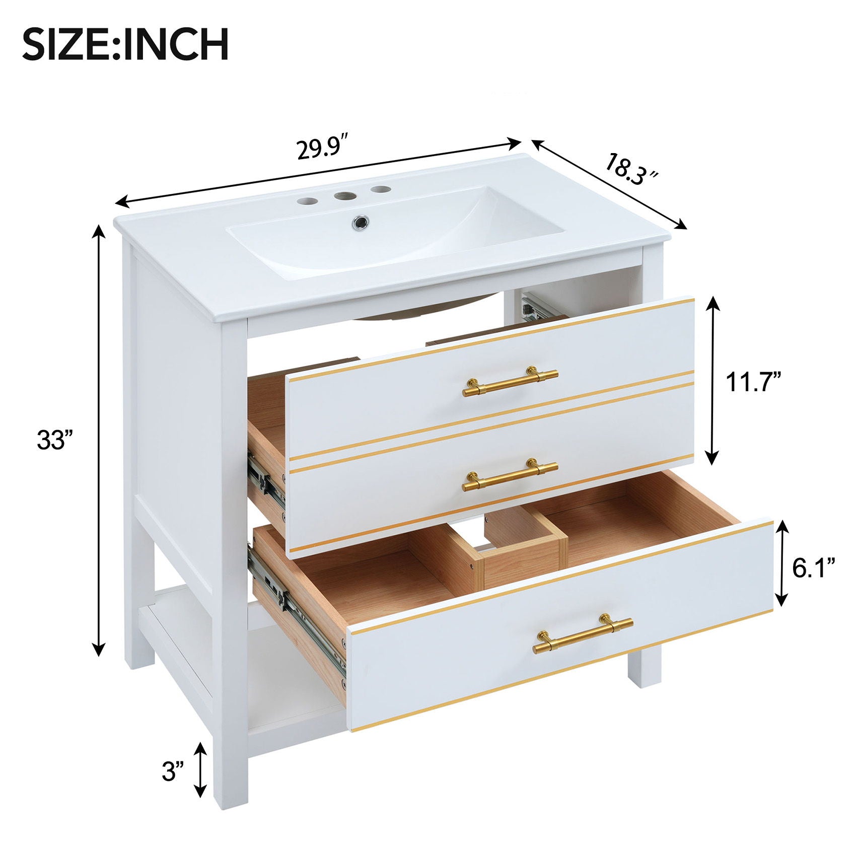 Modern Bathroom Vanity Cabinet, Combo With Open storage, Two Drawers