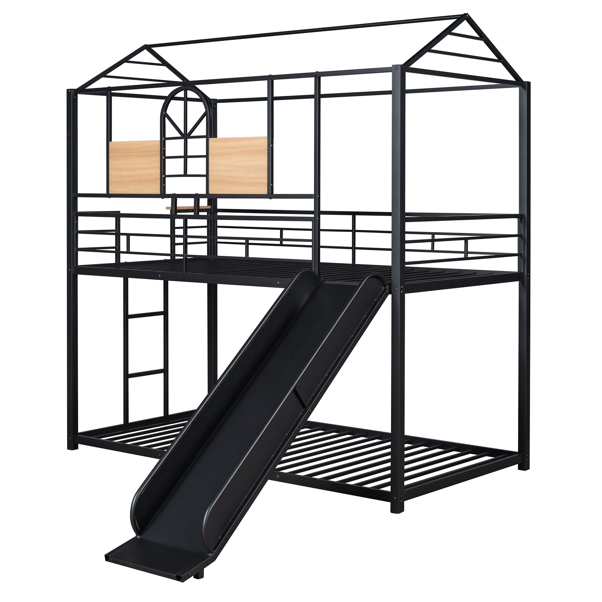 Twin Over Twin Metal Bunk Bed, Metal Housebed With Slide, Three Colors Available