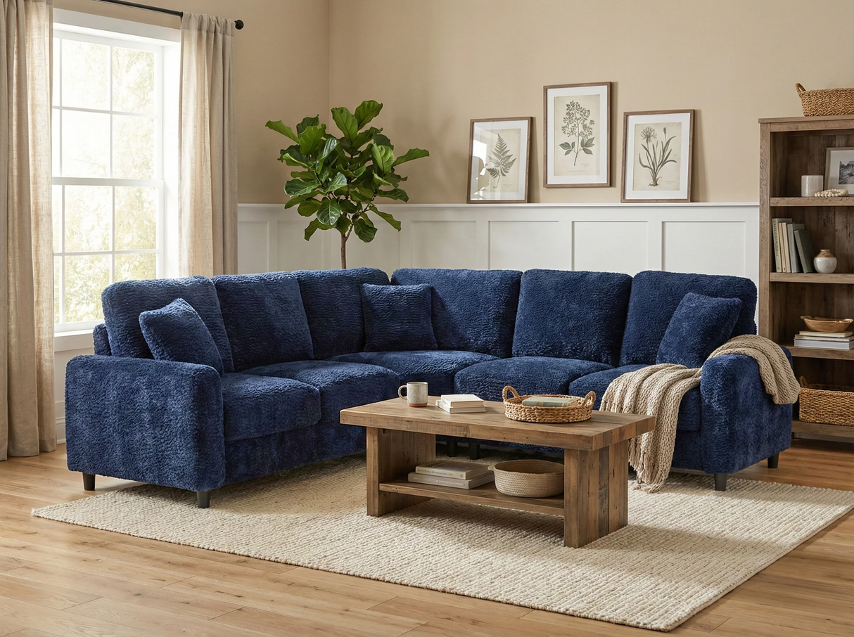 Blue Modern 3 Room Furniture Package with Tufted Queen Bed, Dining Set & Sectional Sofa