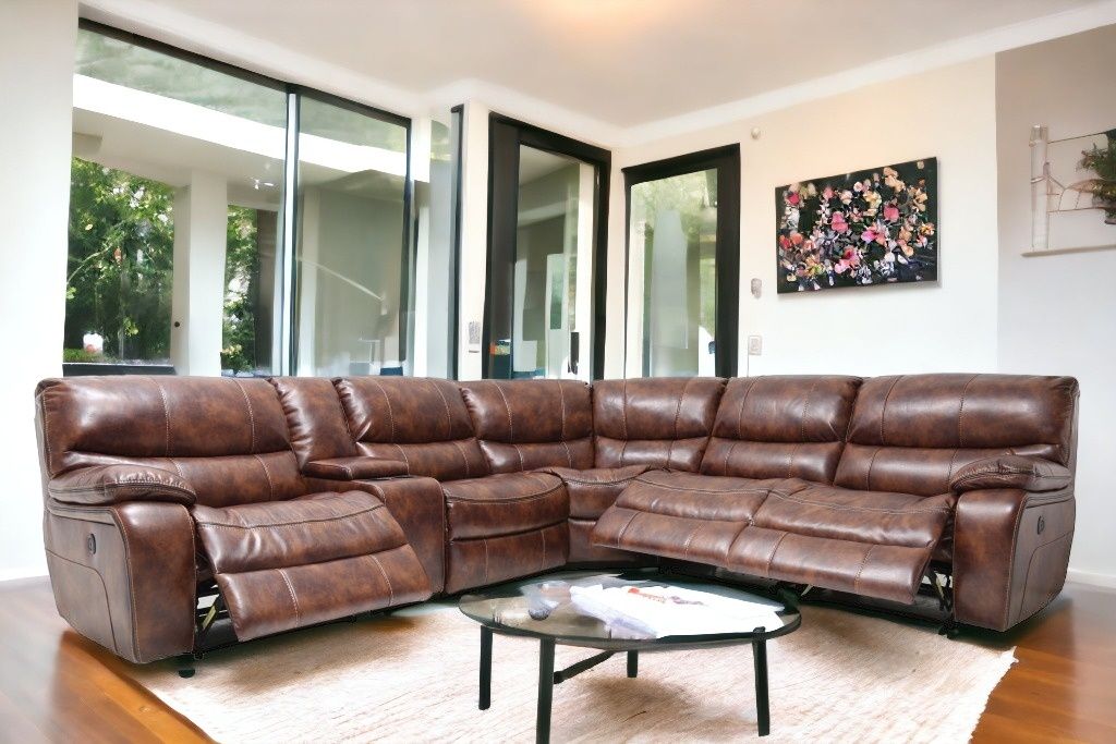 Leather Power Reclining L Shaped Six Piece Corner Sectional With Console - Brown