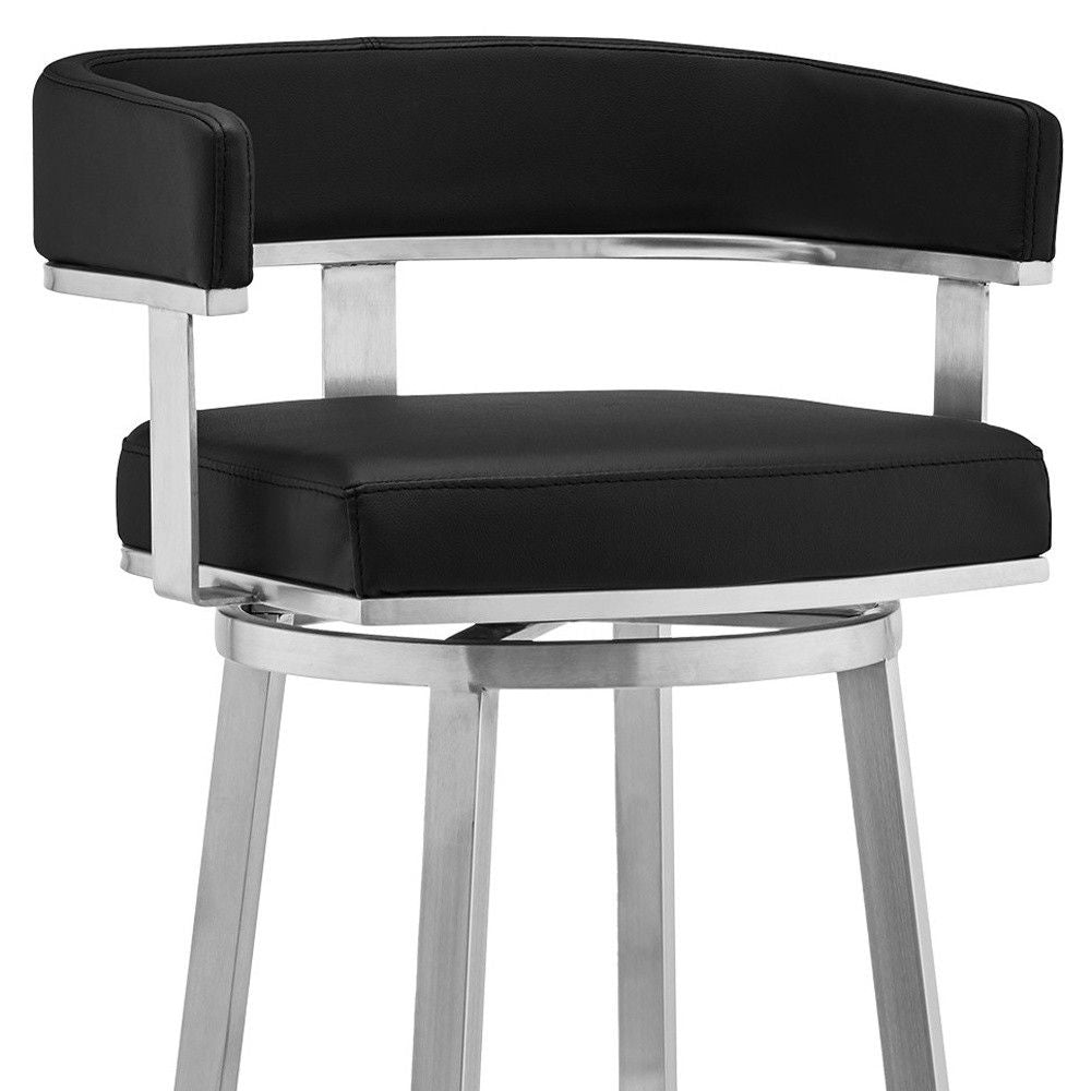 34" Faux Leather Swivel Low Back Counter Height Bar Chair - Black / Silver