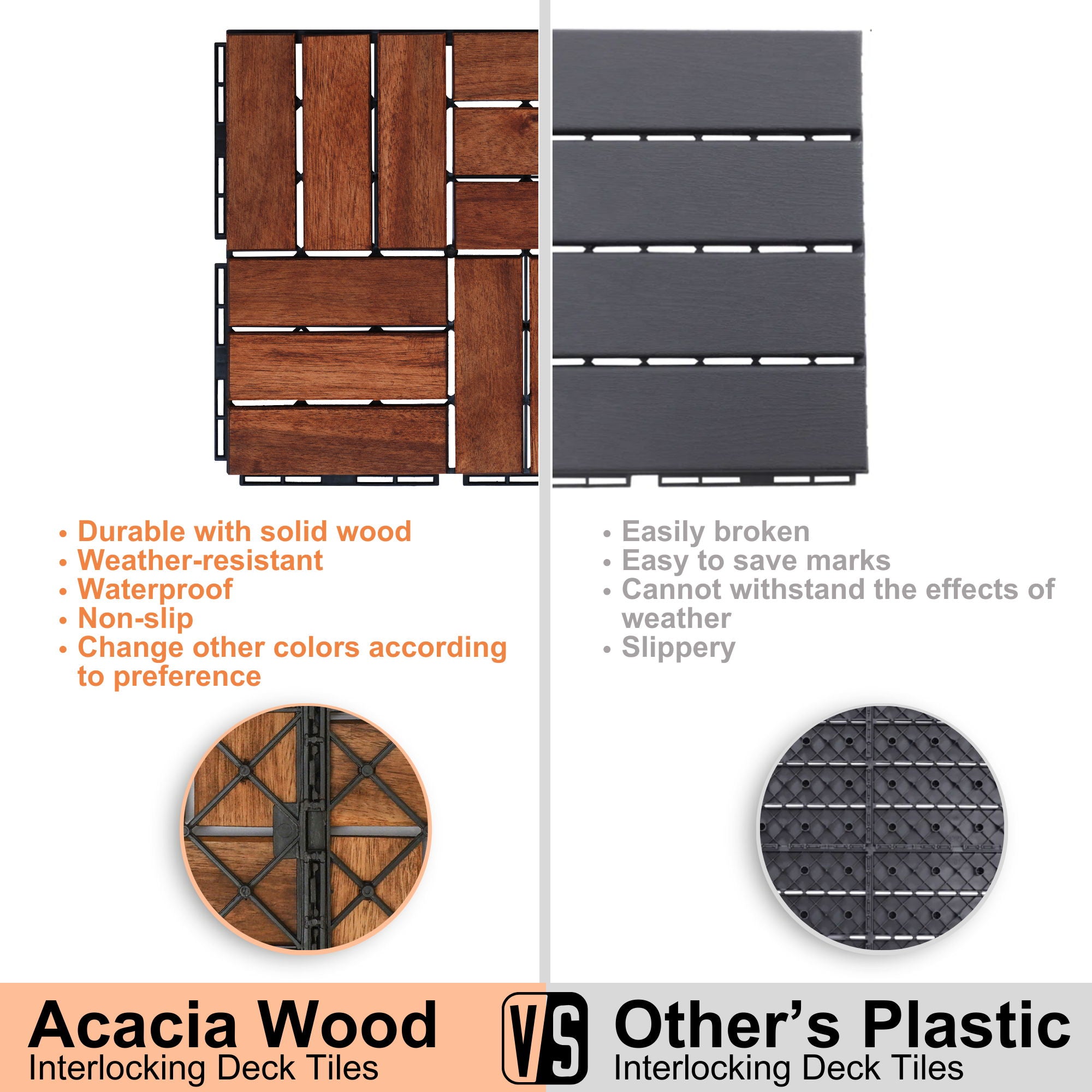 Interlocking Deck Tiles Checker Pattern, Square Acacia Hardwood Outdoor Flooring For Patio, Bancony, Pool Side