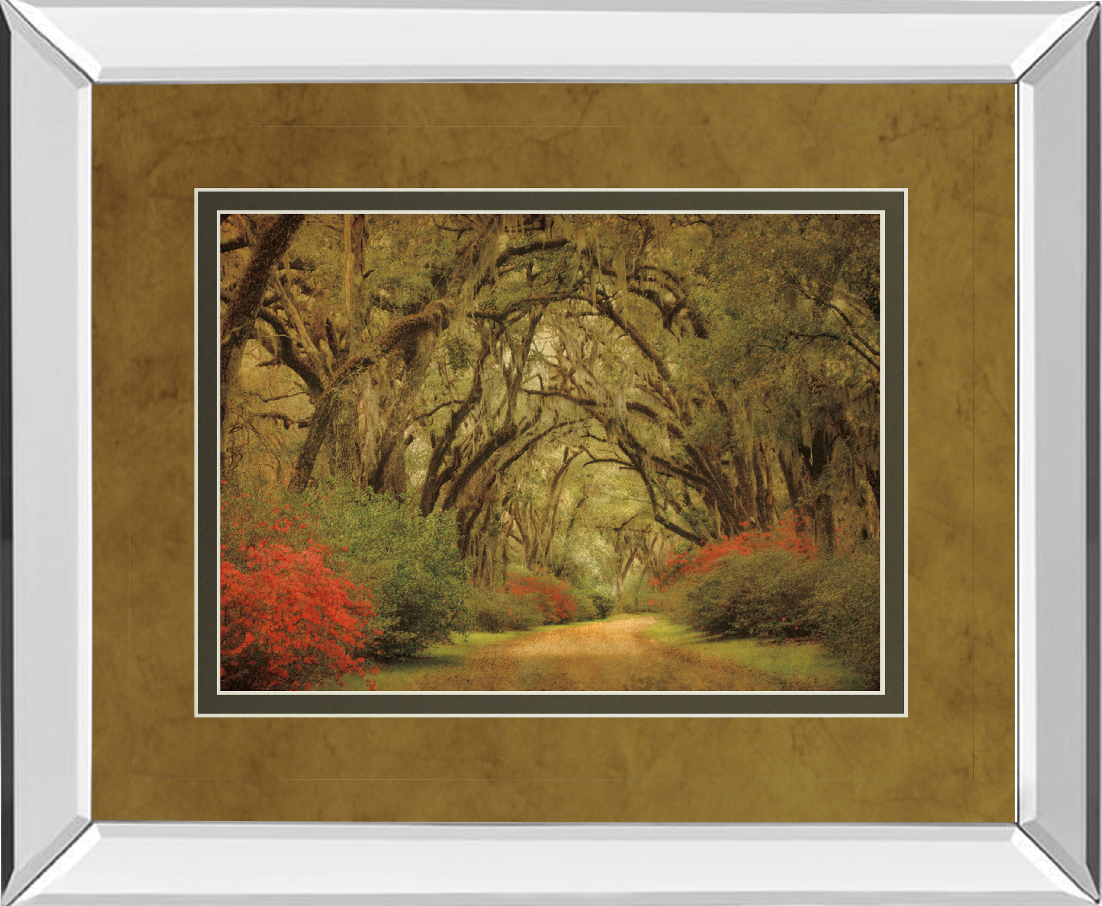 Road Lined With Oaks & Flowers By William Guion And Mossy Oak Native Living - Mirror Framed Print Wall Art - Green