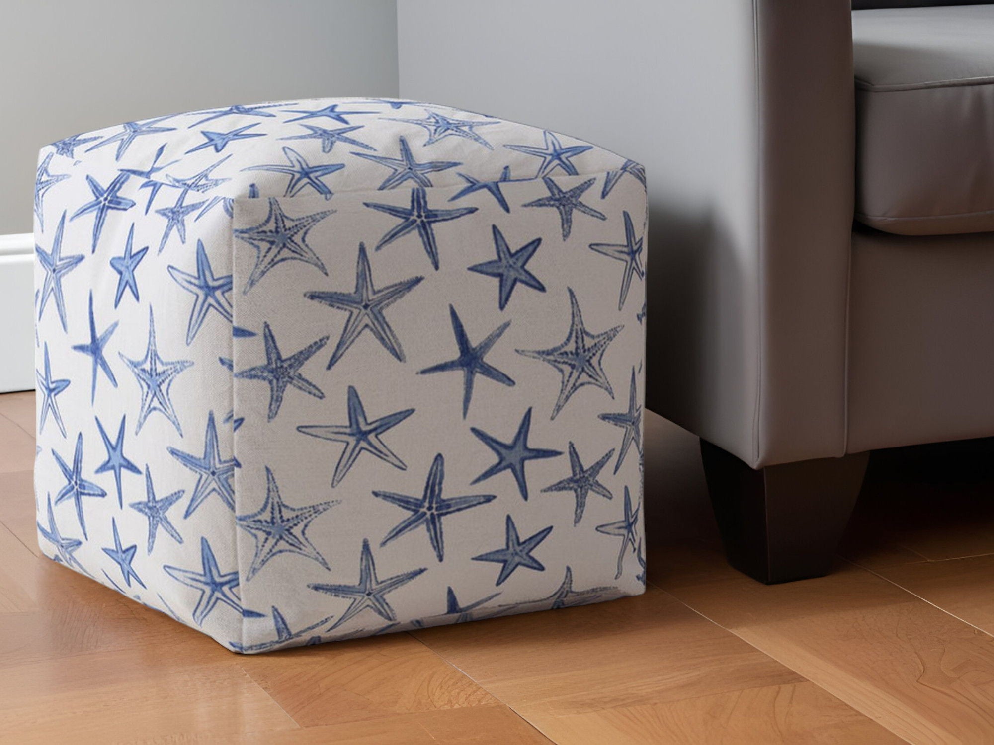 Canvas Stars Pouf Ottoman - Blue / White