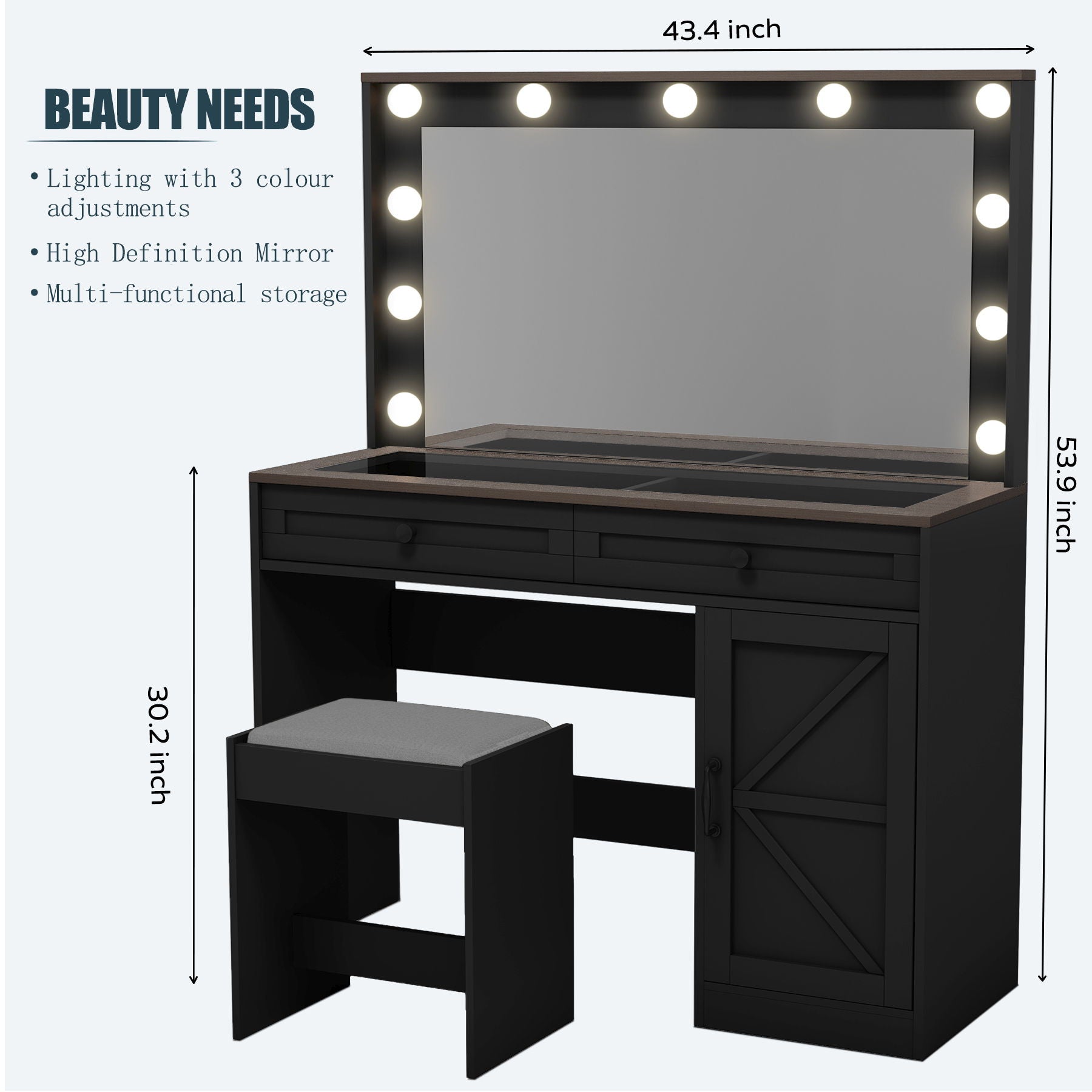 Makeup Vanity Table, Makeup Table With Large Mirror And 11 LED Light, Brightness Adjustable, Dressing Table Desk With 3 Drawers, Vanity Desk For Women (With Stool)