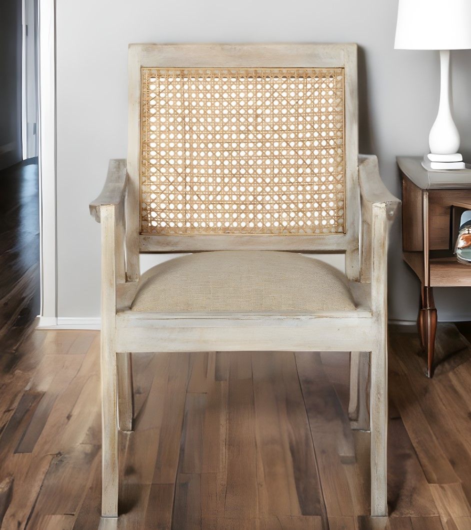 Fabric Distressed Arm Chair - Cream / Brown