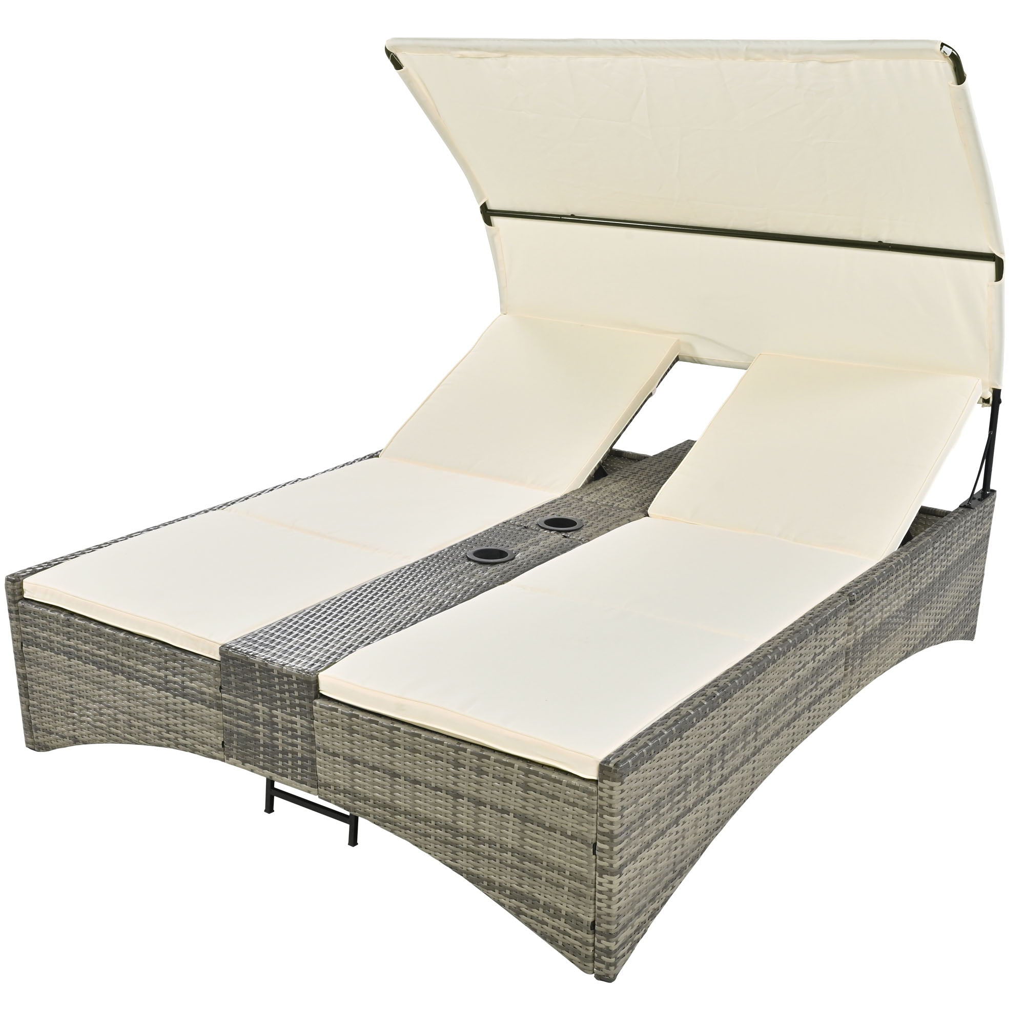 Patio Daybed Outdoor Daybed Sun Lounger With Shelter Roof With Adjustable Backrest, Storage Box And 2 Cup Holders For Patio, Balcony, Poolside