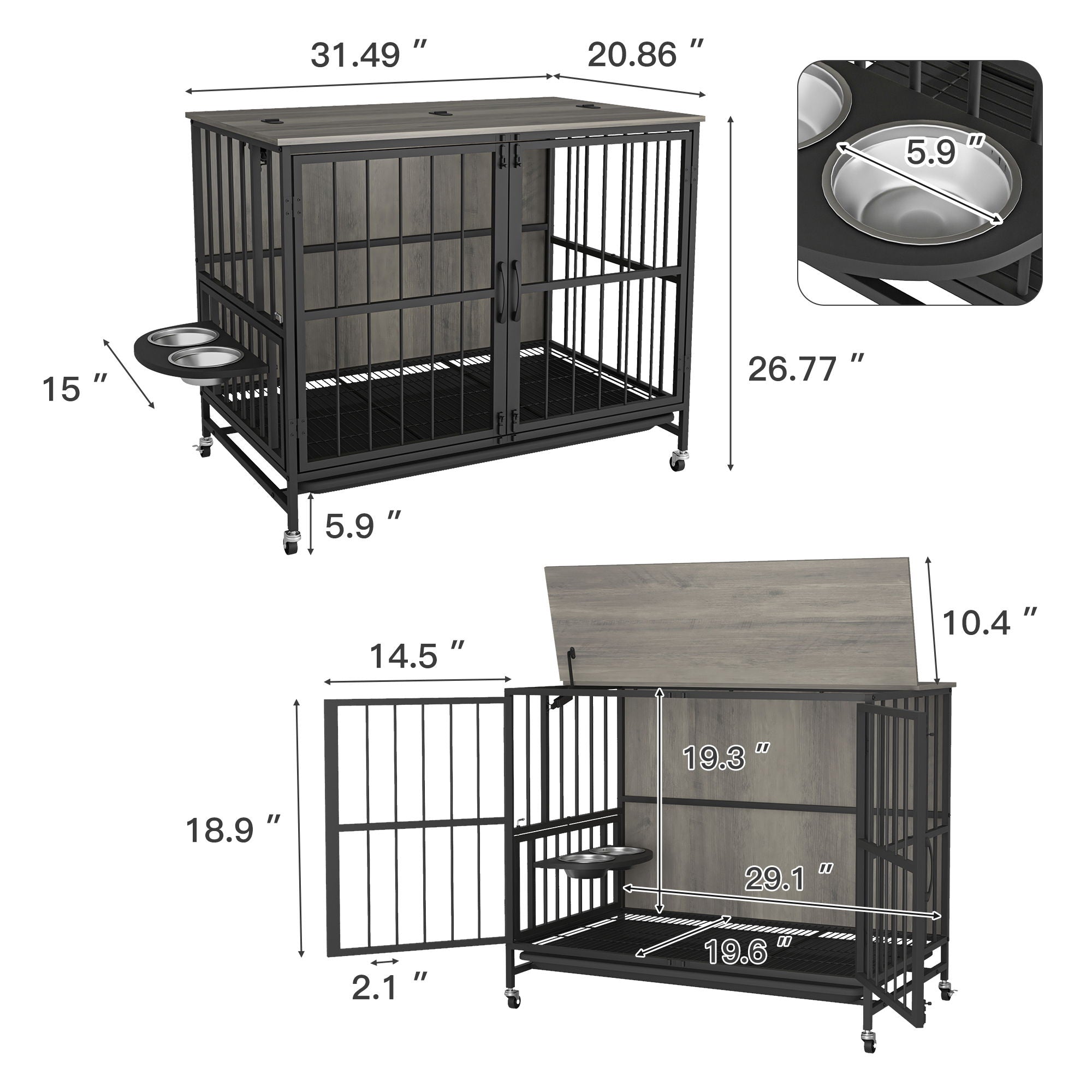 Modern Kennel Dogs Room Up To 60 Lb, Dog Crate Furniture With Multi-Purpose Rremovable Ttray, Double-Door Dog House, Lift Panel, 360 Degree Rotation, 3 Height Adjustable Feeding Bowls