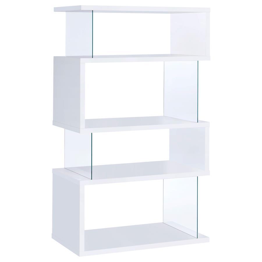 Emelle - 4-Shelf Glass Panel Bookshelf White by CoasterEveryday | Bel Furniture