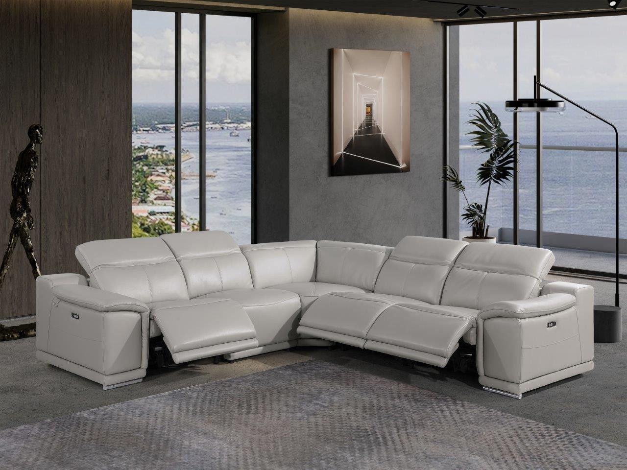 Italian Leather Power Reclining U Shaped Five Piece Corner Sectional With Console - Light Gray