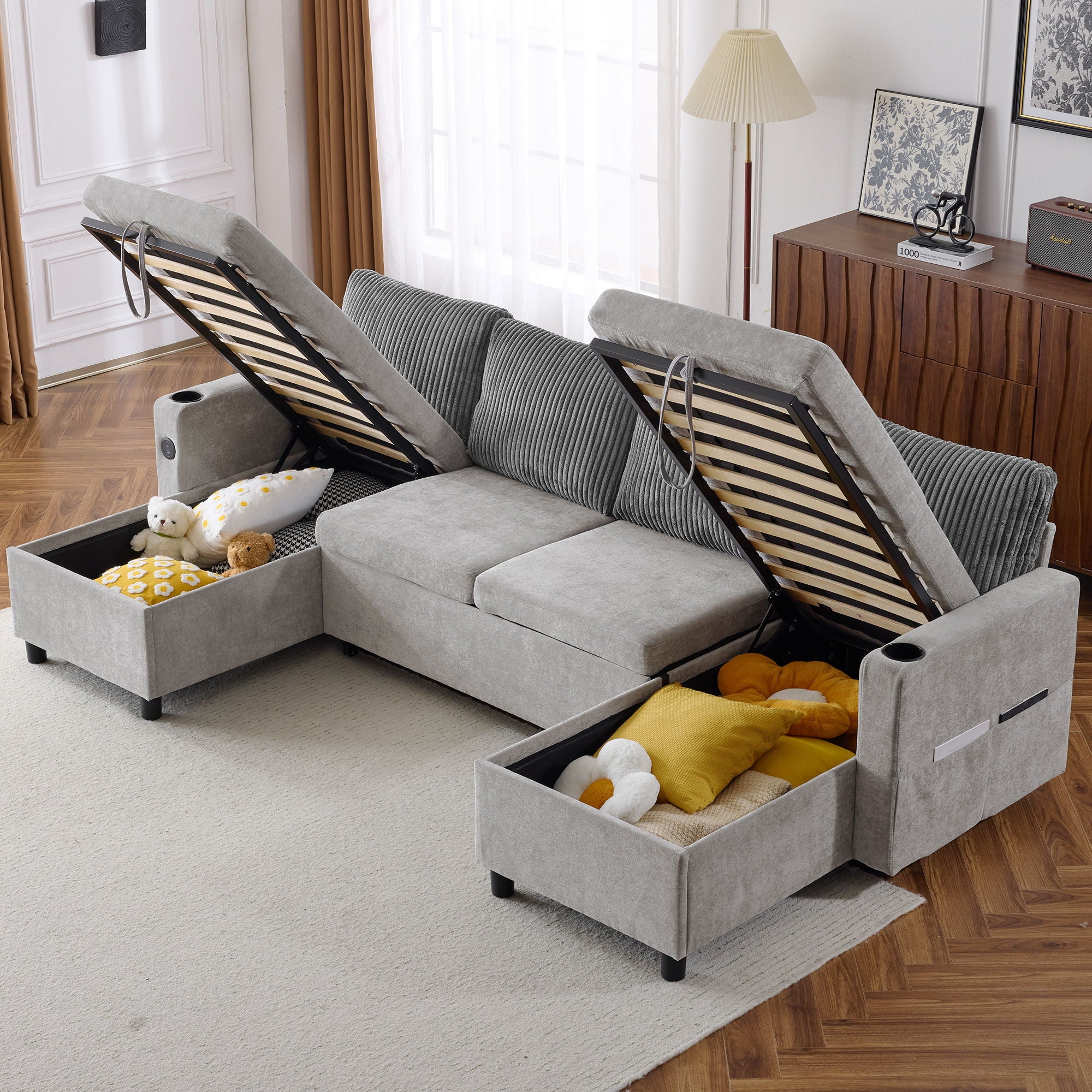 Sectional Sofa Pull Out Sofa Bed Versatile Sofa Sleeper With Large Storage Space, Two USB Ports And Two Cup Holders For Living Room