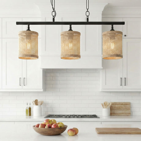 Elysian - 3 Lights Island With Natural Shade Farmhouse Chain Ceiling Lamp - Black / Rattan - view 3