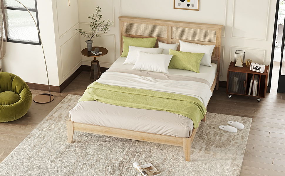 Queen Size Rubber Wooden, Solid Wooden Bed With Rattan Headboard, Enhanced By Support Feet - Natural