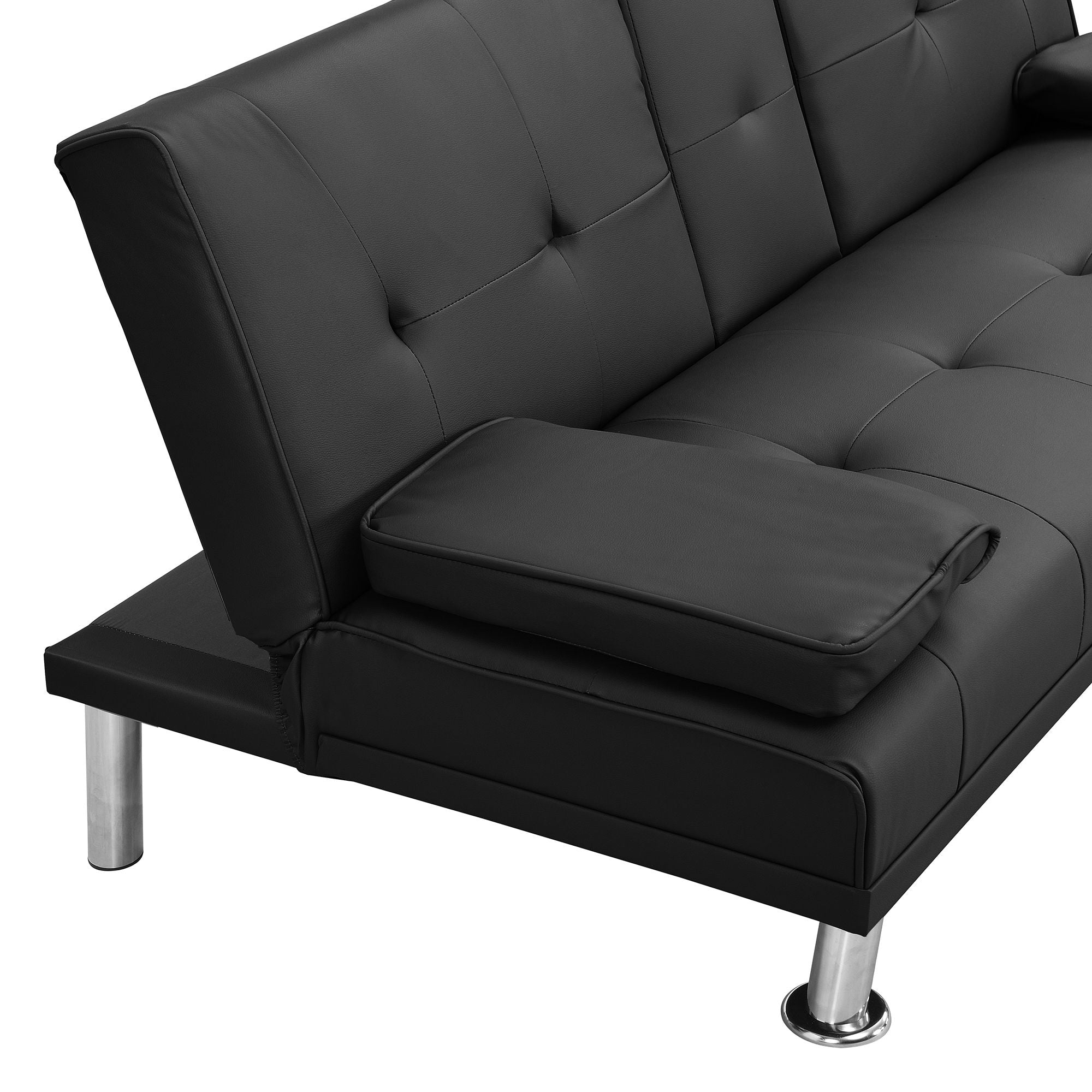 Sofa Bed With Armrest Two Holders Wood Frame, Stainless Leg Futon