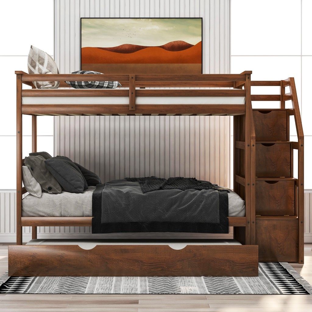 Twin Over Twin Bunk Bed with Trundle - Walnut