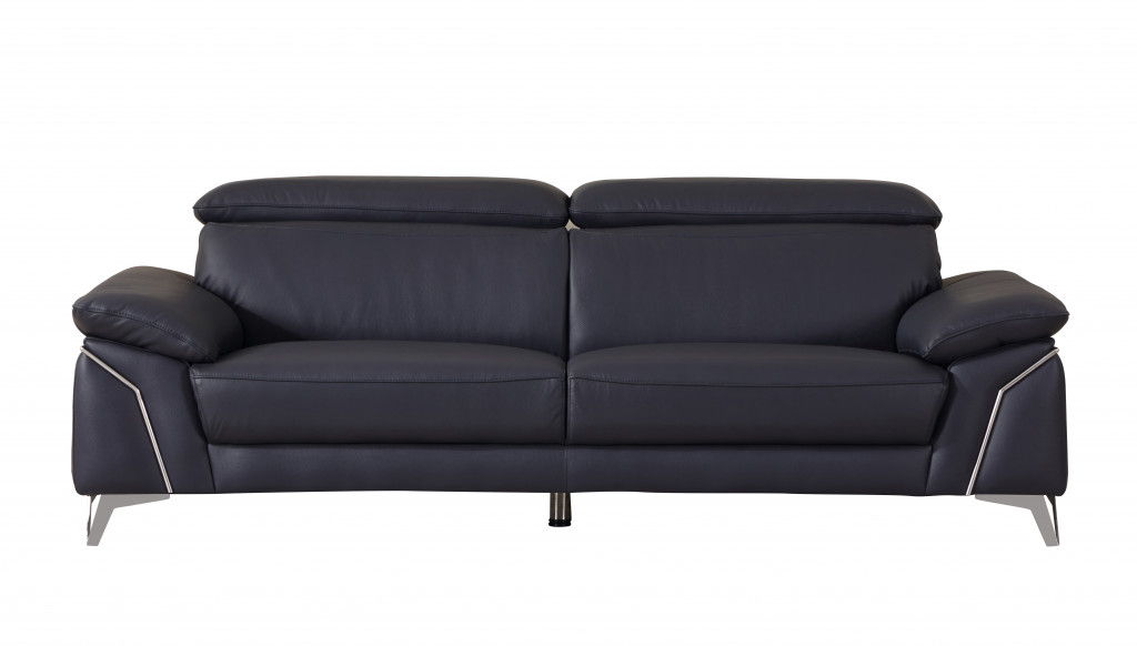 Italian Leather Sofa With Silver Legs - Blue