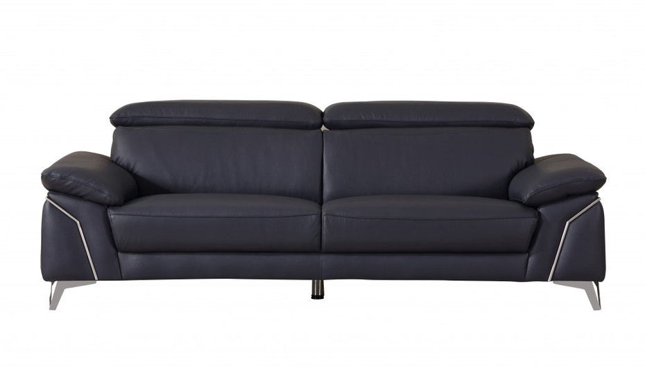 Italian Leather Sofa With Silver Legs - Blue