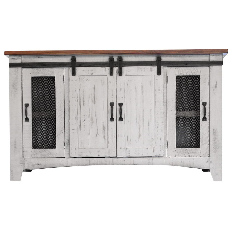 Cabinet Enclosed Storage Distressed TV Stand - White