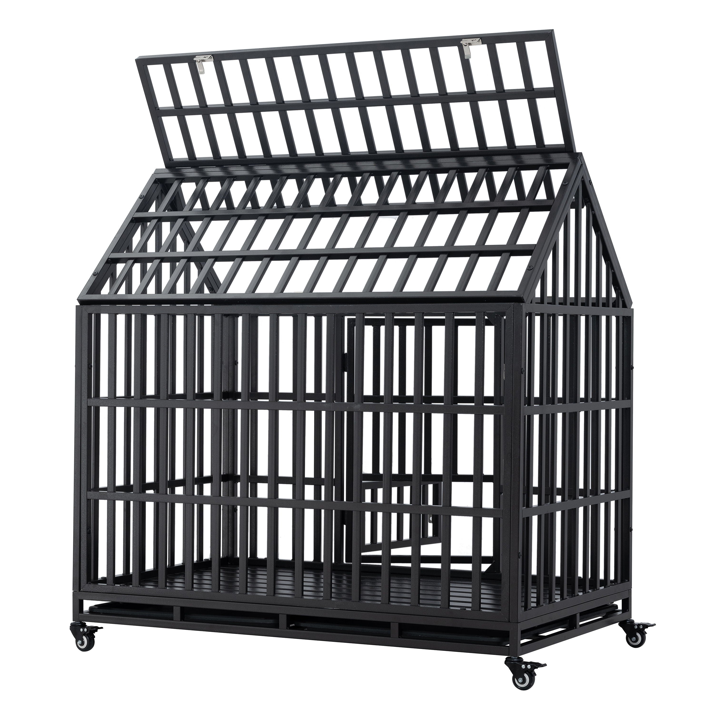 Heavy Duty Dog Cage Pet Crate With Roof & Window On Roof - Black