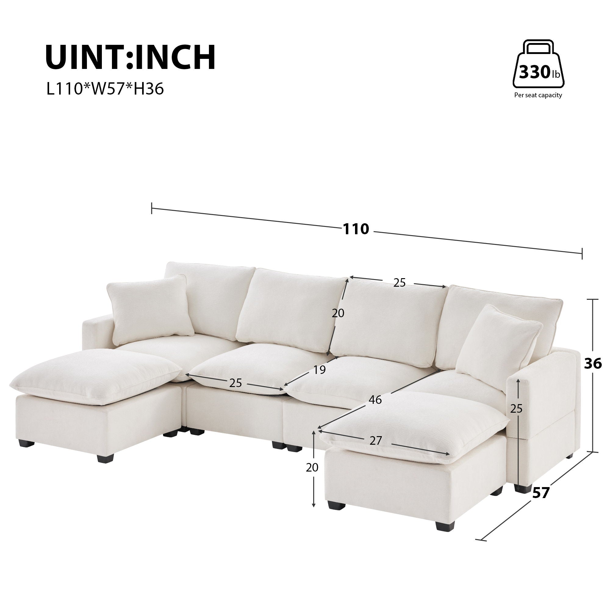 Modern U-Shape Modular Sofa, 6 Seat Chenille Sectional Couch Set With 2 Pillows Included, Freely Combinable Indoor Funiture For Living Room, Apartment, Office