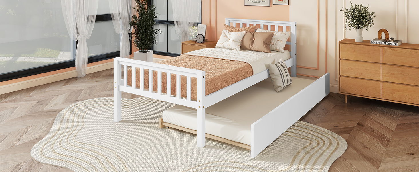 Twin Bed With Trundle, Platform Bed Frame With Headboard And Footboard, For Bedroom Small Living Space, No Box Spring Needed