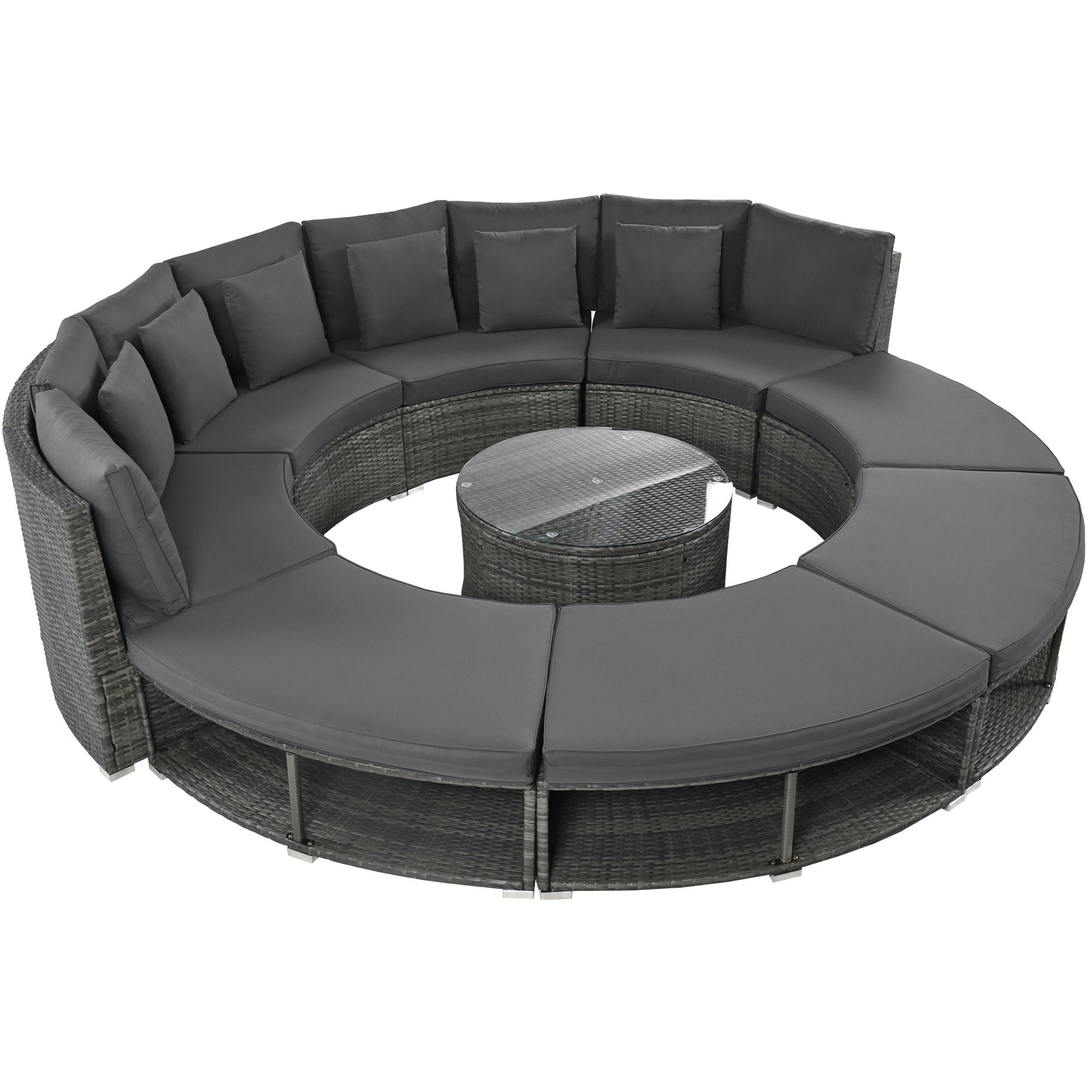 Outdoor Patio Furniture Luxury Circular Sofa Set Rattan Wicker Sectional Sofa Lounge Set With Tempered Glass Coffee Table, 6 Pillows