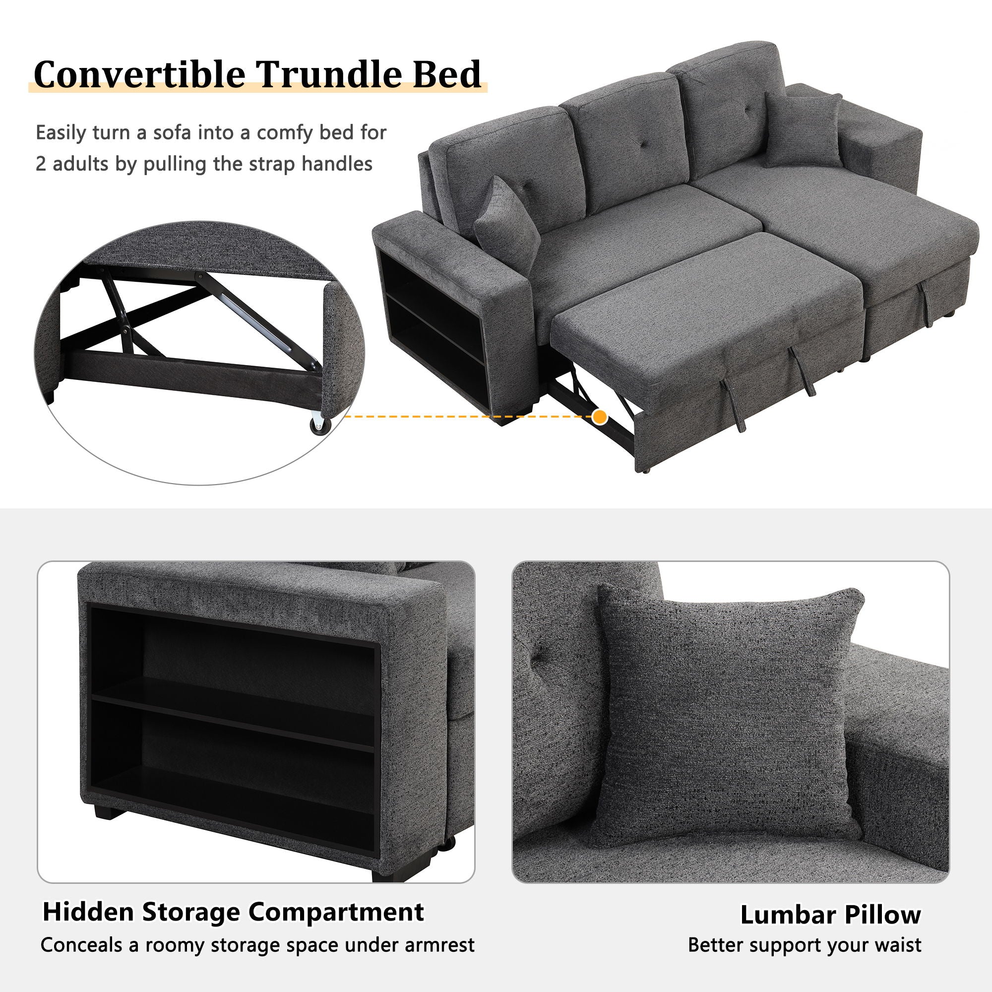 Reversible Sleeper Sectional Sofa Bed With Side Shelf And 2 Stools, Pull-Out L-Shaped Sofa Bed, Corner Sofa-Bed With Storage Chaise Left / Right Hande For Living Room