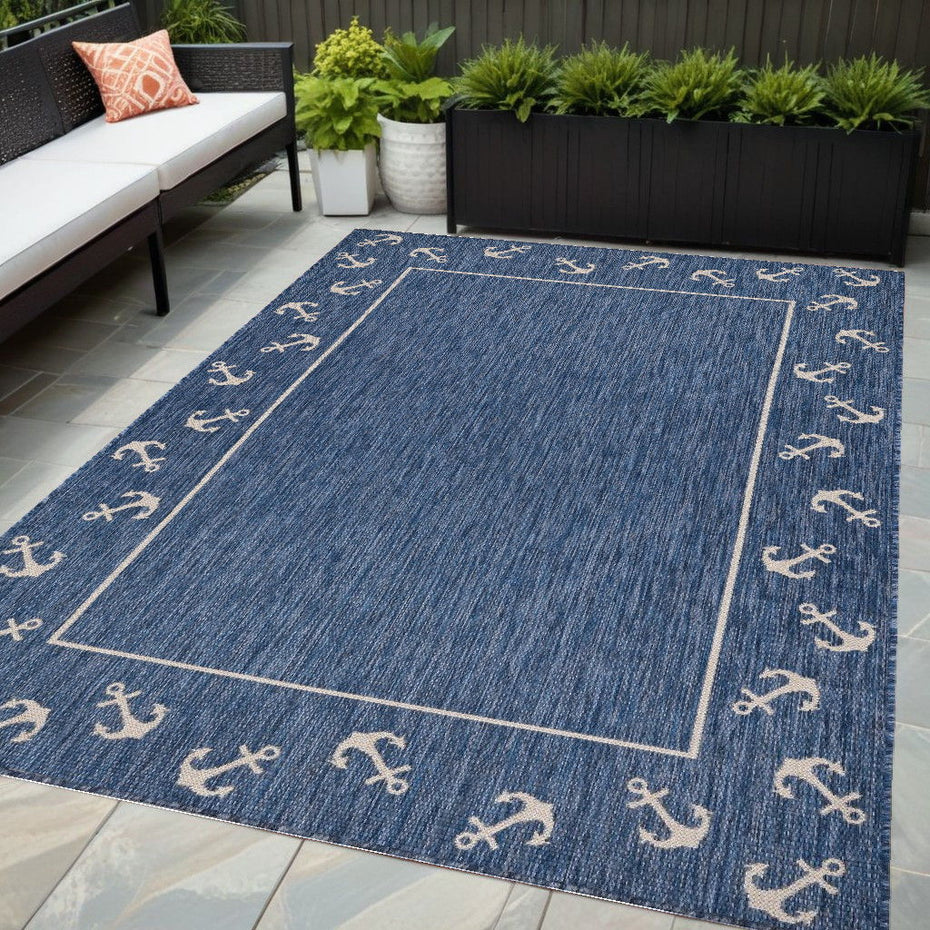 5' X 7' Nautical Anchor Indoor / Outdoor Area Rug - Blue / Natural