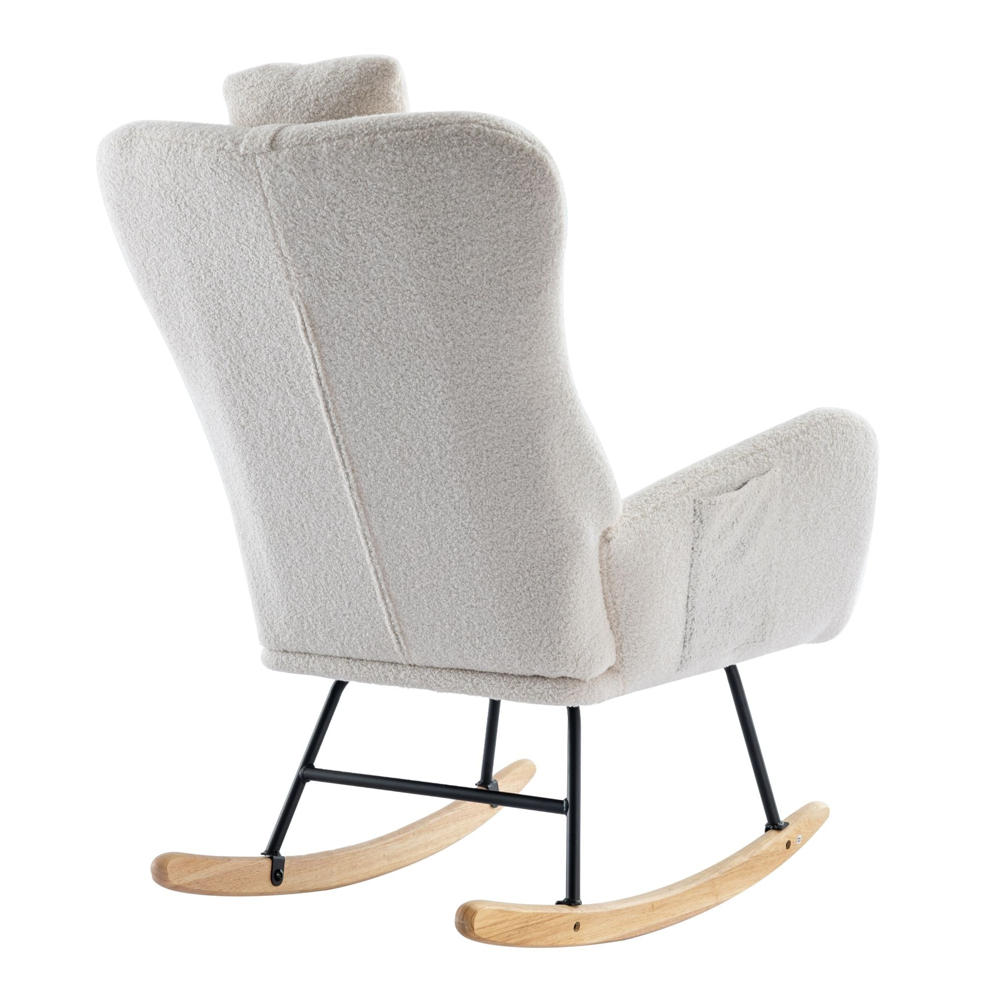 Rocking Chair With Pocket, Soft Teddy Fabric Rocking Chair For Nursery, Comfy Wingback Glider Rocker With Safe Solid Wood Base