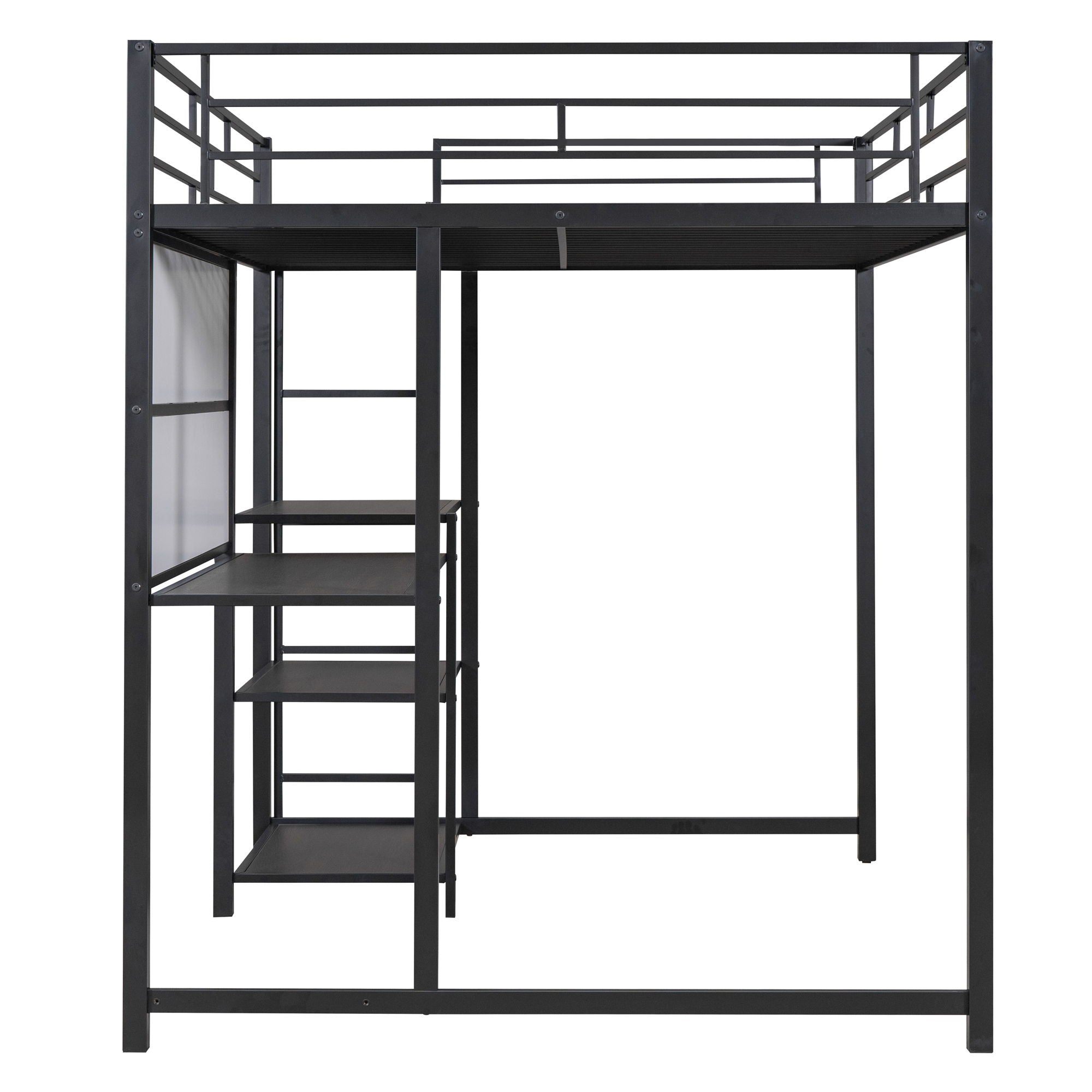 Loft Bed With Desk And Whiteboard, Metal Loft Bed With 3 Shelves And Ladder