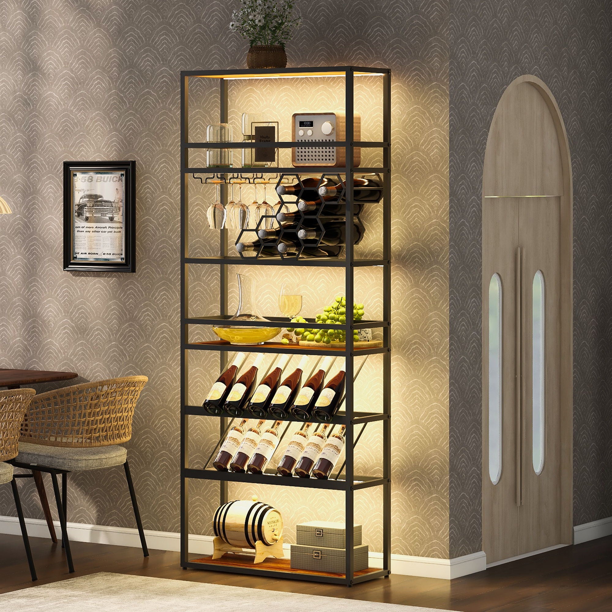 LED Tall Wine Rack Freestanding Floor, 7 Tier Wine Baker Rack With Glass Holder & Wine Storage, Industrial Wine Display Shelf Wine Bar Cabinet For Bar, Kitchen, Dining Room