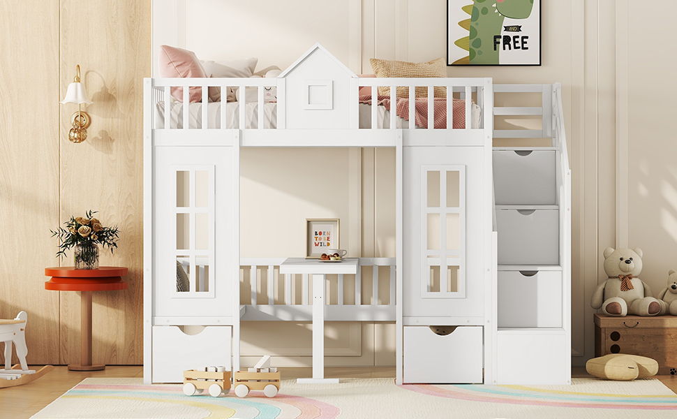 Twin Over Twin Bunk Bed With Changeable Table, Bunk Bed Turn Into Upper Bed And Down Desk