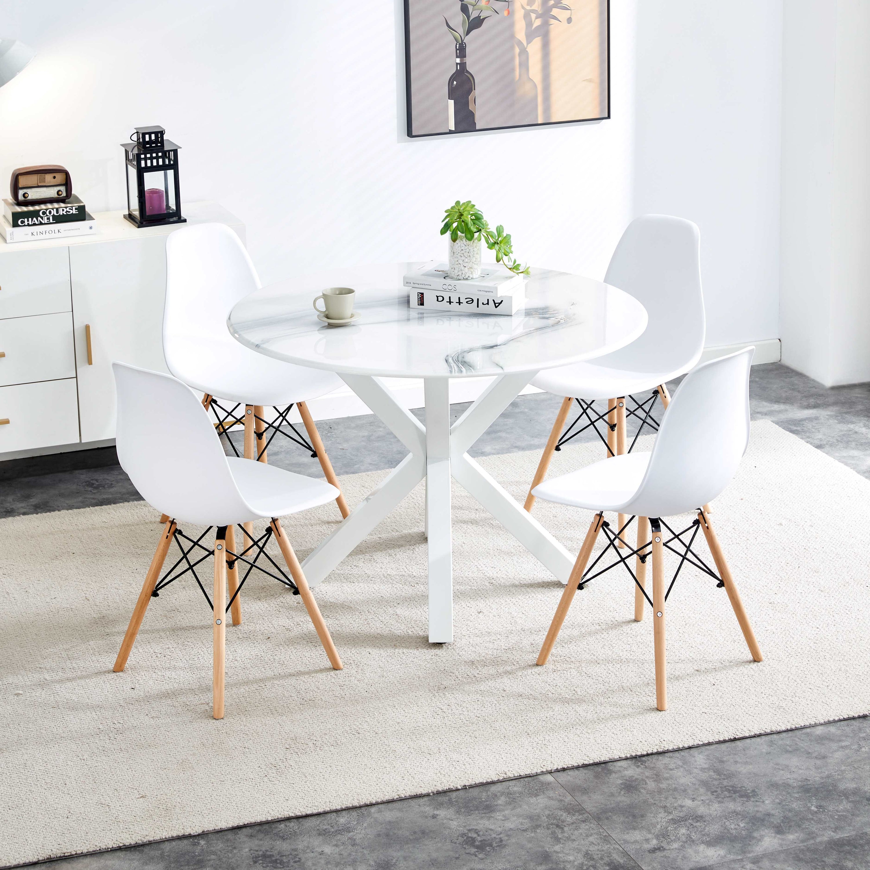 5 Pieces Dining Set, Table Cross Leg Mid-Century Dining Table For 4 - 6 People With Round Table Top, Pedestal Dining Table, End Table Leisure Coffee Table - White