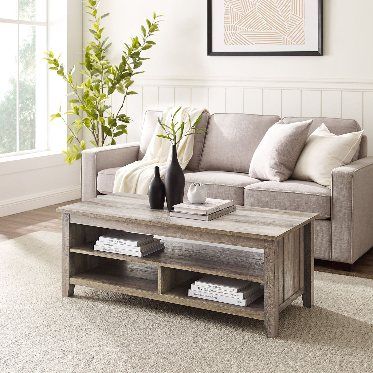 Coastal Grooved Panel Coffee Table With Lower Shelf by Walker Edison | Bel Furniture