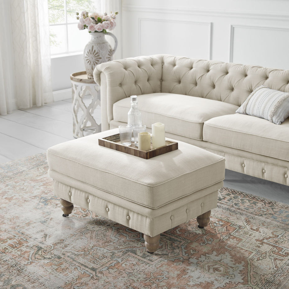 Linen And Wood Brown Rolling Tufted Cocktail Ottoman - Beige