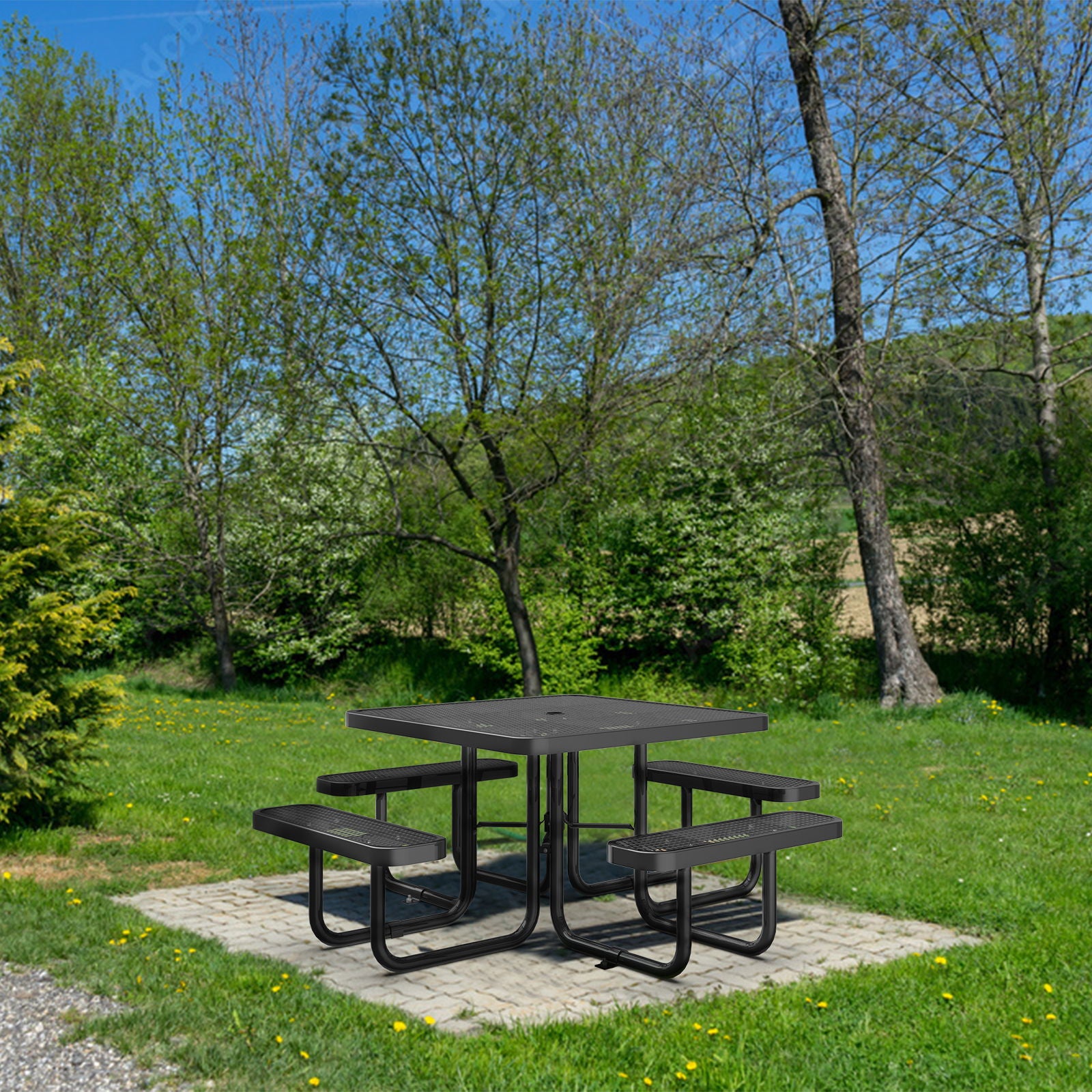 Square Outdoor Steel Picnic Table With Umbrella Pole - Black