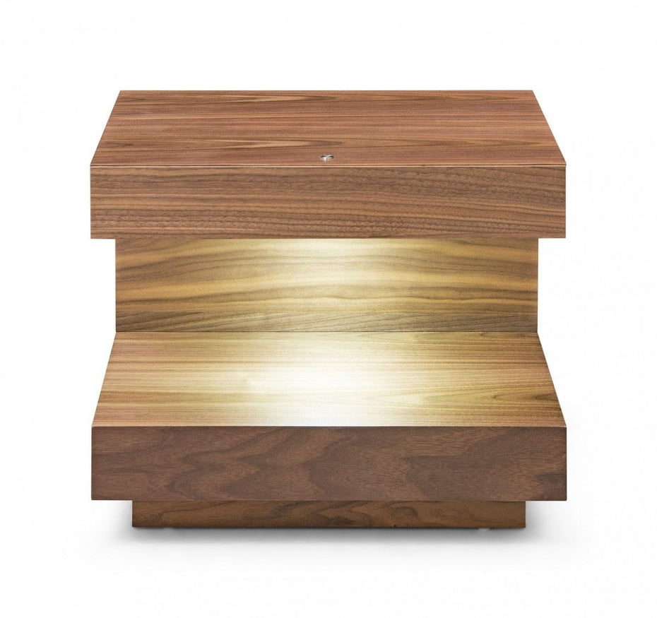 Contemporary Led Lit Walnut Nightstand With One Drawer - Light Brown