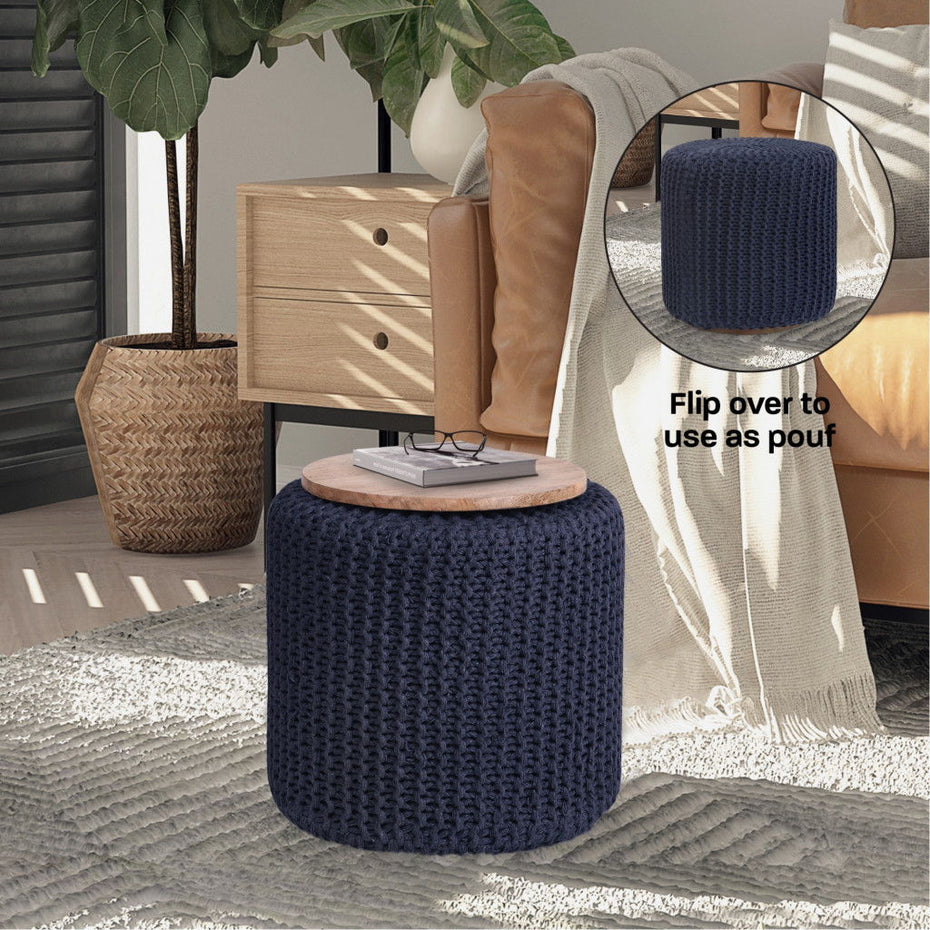 Cotton Blend Round Pouf Ottoman - Navy Blue