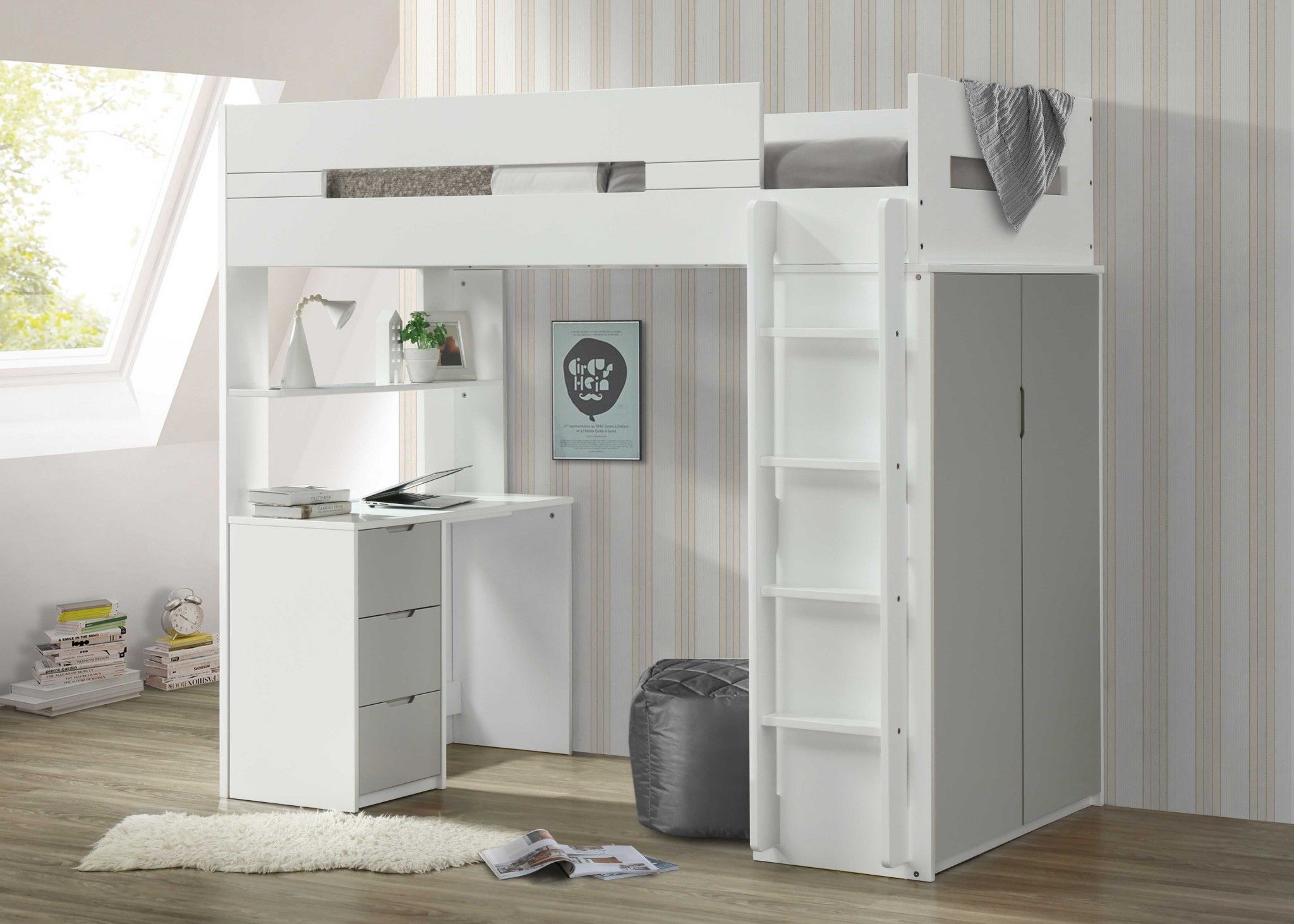 Twin Loft Bed And Desk - White / Gray