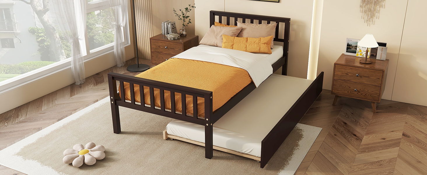 Twin Bed With Trundle, Platform Bed Frame With Headboard And Footboard, For Bedroom Small Living Space, No Box Spring Needed