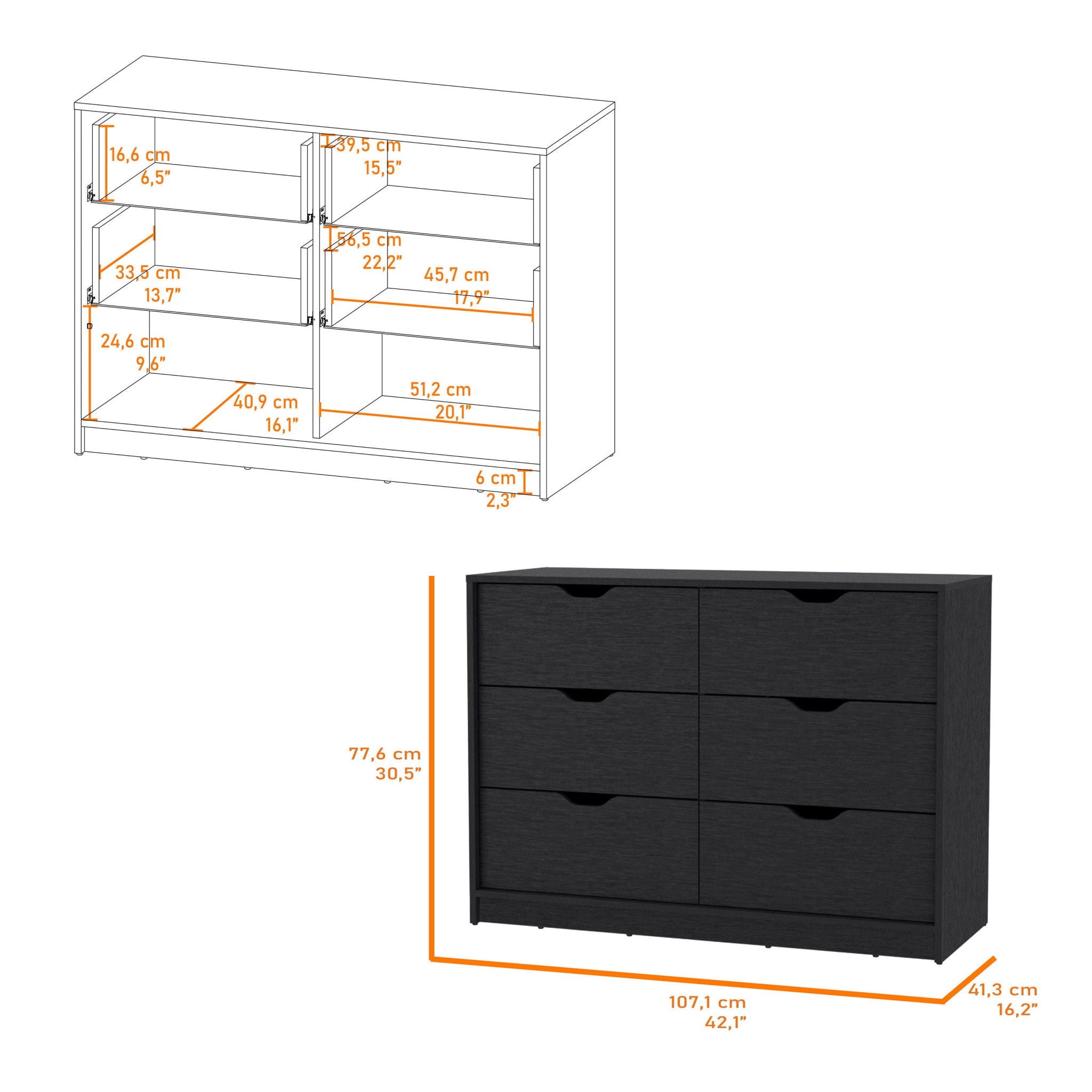 Manufactured Wood Six Drawer Modern Dresser - Black