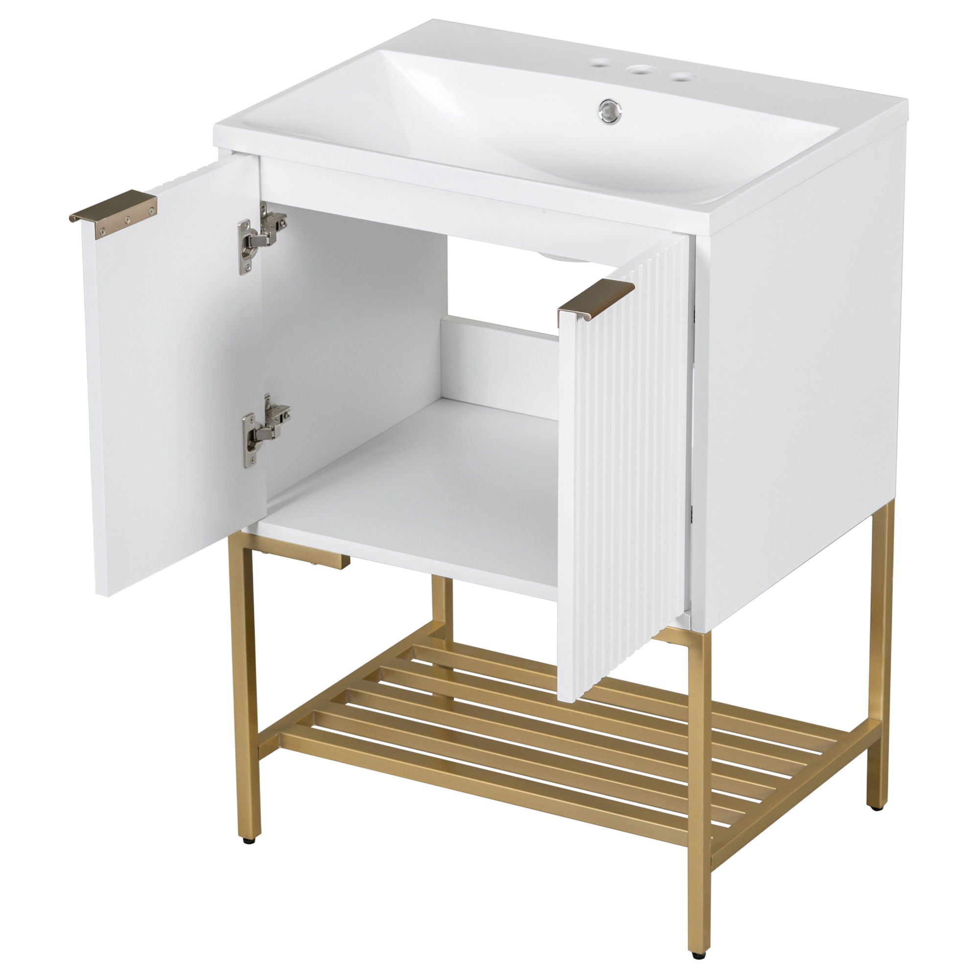 Bathroom Vanity With Sink, Bathroom Vanity Cabinet With Two Doors And Metal Frame, Open Storage Shelf - White / Gold