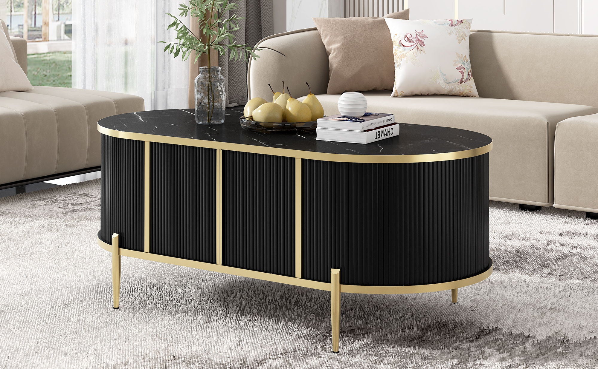 Modern Luxury Oval Shaped Fluted Coffee Table, Marble - Patterned Top Coffee Table With 2 Cabinets, Metal Legs And Handles For Living Room