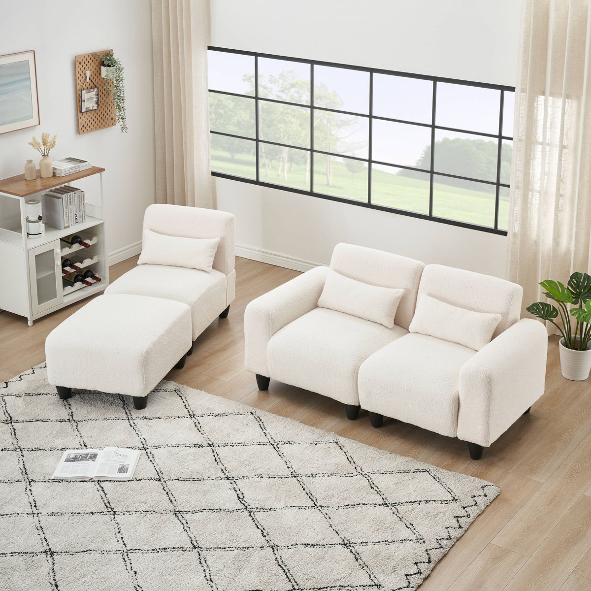 Teddy Fleece Creative Sofa Can Be Assembled Into A Two-Seater Sofa Plus A Single Couch With Three Waist Pillows To Perfectly Stretch Your Waist For Small Apartment Bedroom Spaces