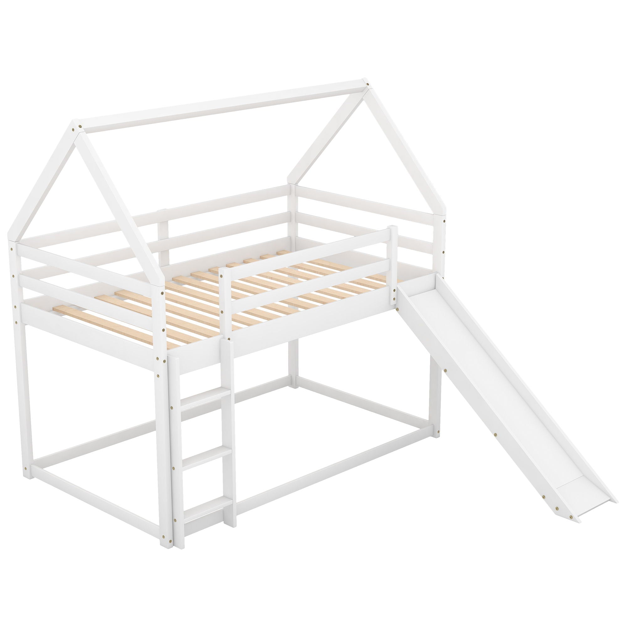 Twin Size Bunk House Bed With Slide And Ladder - White