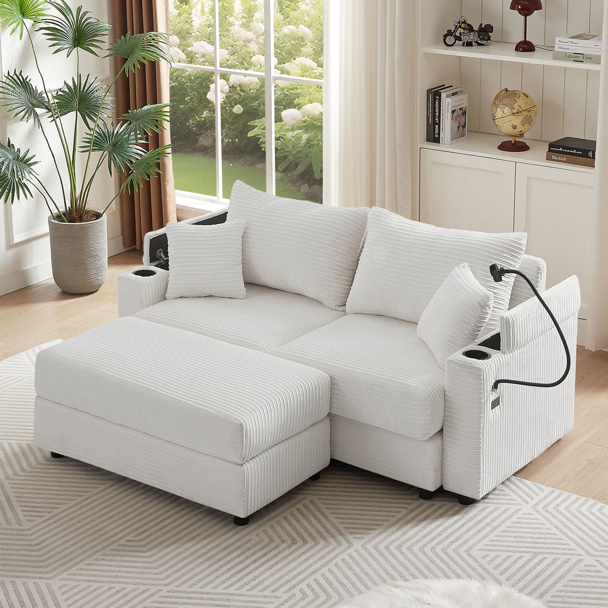 Modern Style Loveseat Sofa Sectional Sofa Couch With Storage Space, A Movable Ottoman, Two USB Ports, Two Cup Holders, A Phone Holder For Living Room