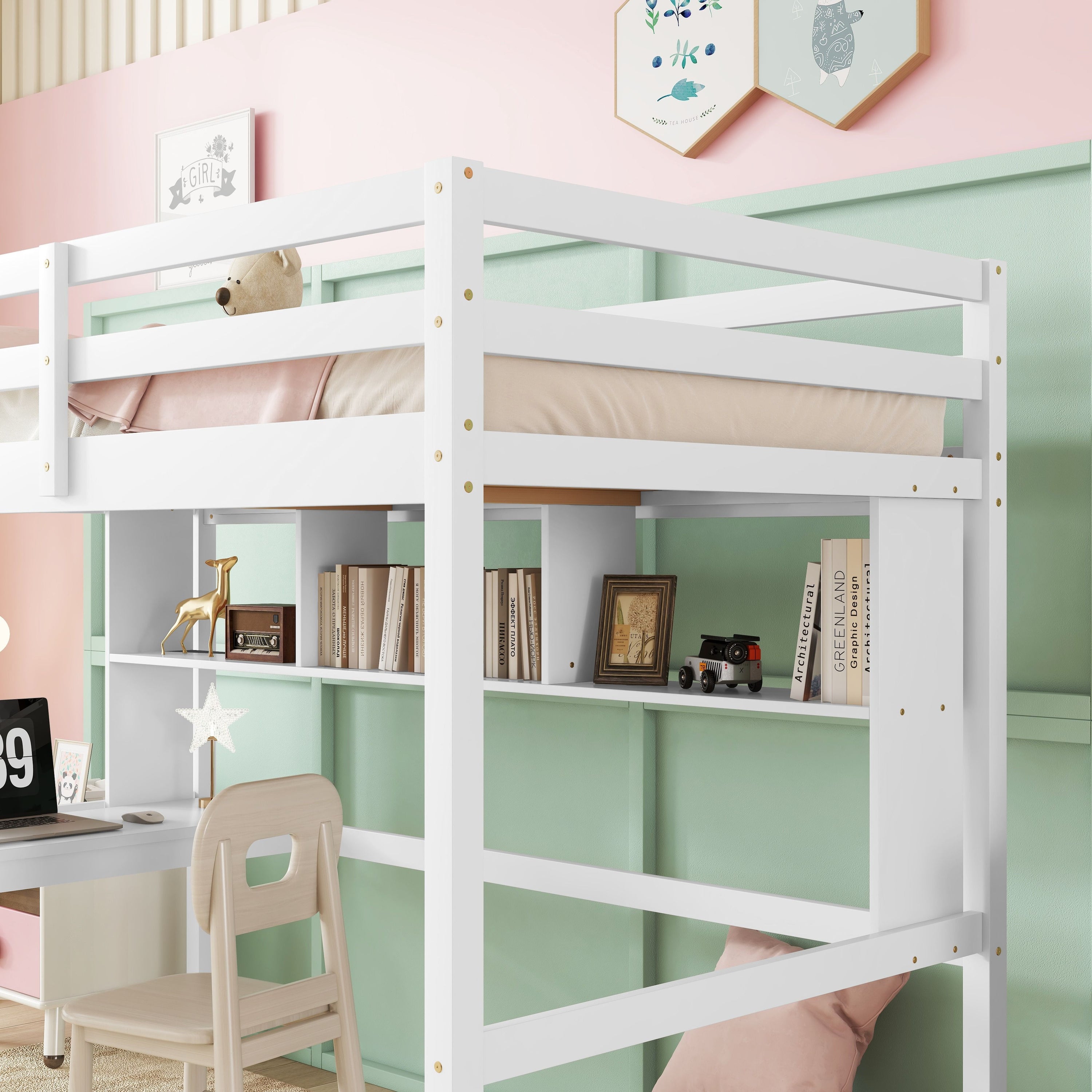 Loft Bed With Desk And Shelves, Safety Guardrail And Ladder