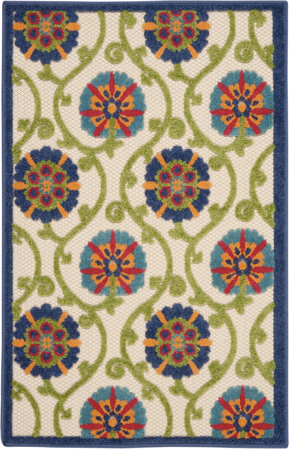 3' X 4' Floral Outdoor / Indoor Area Rug - Ivory / Blue