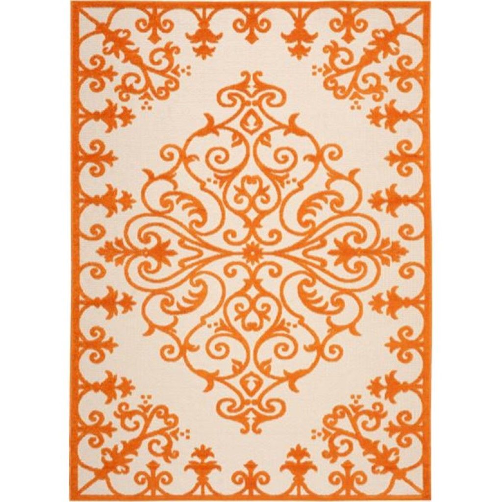 10' X 13' Non Skid Indoor / Outdoor Area Rug - Orange Damask