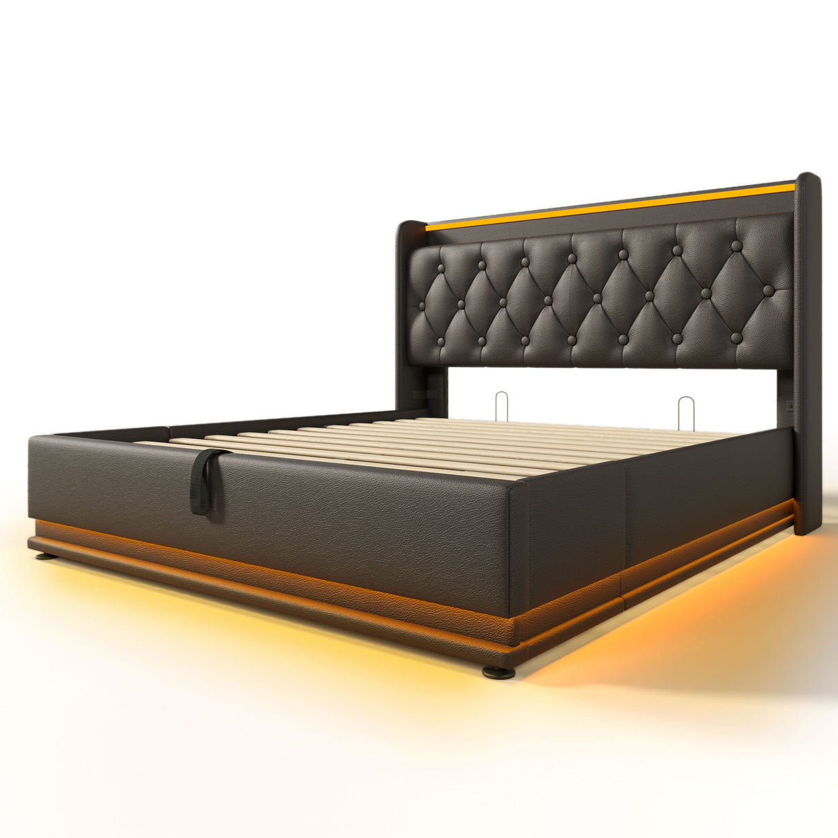 Upholstered Bed, 360 Surround LED Function, Remote Control, Hydraulic Storage Bed With USB, Type-C Charging (Without Mattress)